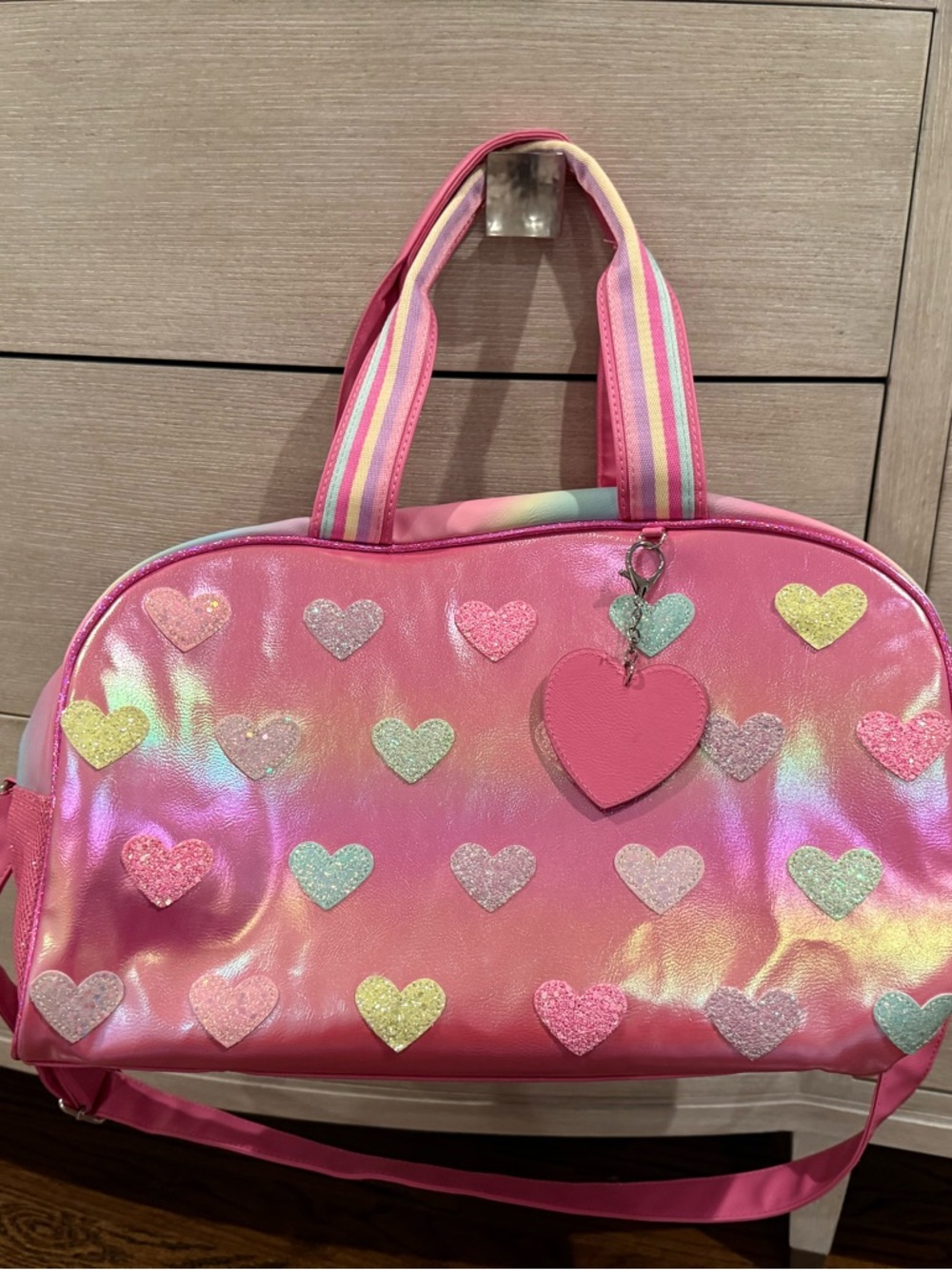 Pink Heart-Embellished Travel Bag with Heart Charm